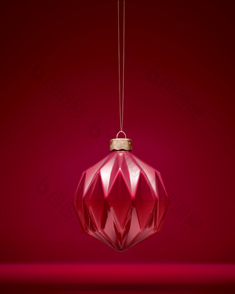 挂闪亮的红色的圣诞节球与现代几何模式光反射圣诞节装饰节日大气概念