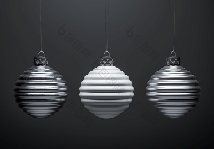 三个水平肋圣诞节球挂行对灰色背景白色和银金属变形装饰物圣诞节装饰节日大气概念黑色的和白色