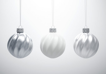 白色和银金属变形扭曲的条纹圣诞节球白色背景圣诞节装饰节日大气概念黑色的和白色