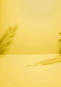 两个棕榈的叶子铸造阴影黄色的墙与复制空间设计模板热带背景完整的框架视图最小的夏天概念与复制空间