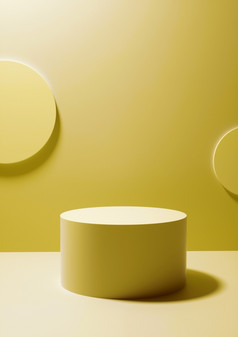圆形显示基座上黄色的工作室背景前面两个空白白色轮板的墙与复制空间为设计产品放置