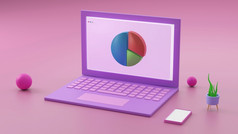 最小的概念移动PC表格工作桌子上粉红色的和紫罗兰色的颜色和模型为你的文本与笔记本和杯渲染插图