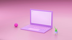 最小的概念移动PC表格工作桌子上粉红色的和紫罗兰色的颜色和模型为你的文本与笔记本和杯渲染插图