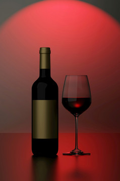 图像瓶红色的酒与黄金标签和完整的玻璃杯状实景照片风格红色的黑暗背景渲染