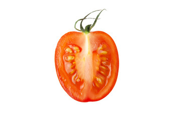 新鲜的红色的樱桃番茄与叶子切口一半胎儿孤立的白色背景宏平躺水平特写镜头健康的吃农民产品饮食概念