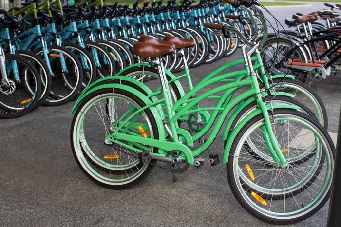 自行车租赁公共公园商店许多自行车是行现代模型复古的风格柔和的绿色绿色运输概念替代视图环境友好
