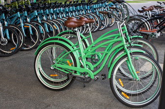 自行车租赁公共公园商店许多自行车是行<strong>现代</strong>模型复古的风格柔和的绿色绿色<strong>运输</strong>概念替代视图环境友好