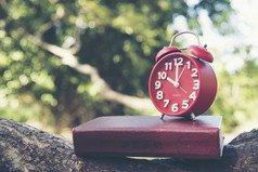 时间时钟时间管理红色的时钟和书木自然的公园时间轴概念日历墙背景时间表规划