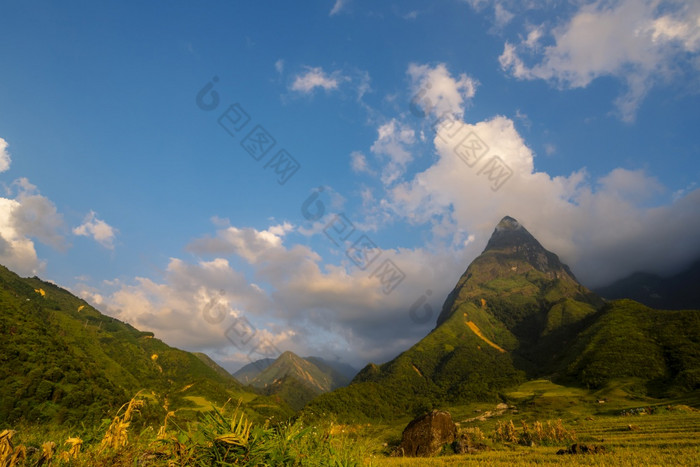 美丽的景观山绿色场草草地白色云蓝色的天空阳光明媚的一天雄伟的绿色风景大山山Cloudscape谷全景视图农村绿色植物牧场