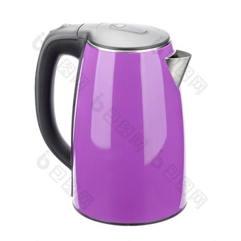 紫色的<strong>不锈钢</strong>钢孤立的无线电水壶与黑色的塑料处理白色背景紫色的孤立的<strong>不锈钢</strong>钢水壶的白色背景
