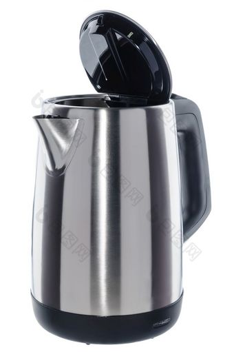 不锈钢钢孤立的无线电水壶与黑色的塑料处理白色背景不锈钢钢水壶白色背景