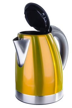 不锈钢钢画黄色的橙色颜色孤立的无线电水壶与黑色的塑料处理白色背景黄色的画不锈钢钢水壶白色背景