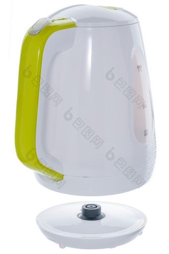 白色颜色塑料孤立的无线电水壶与绿色塑料元素白色背景白色塑料水壶白色背景