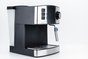 表示咖啡机与蒸汽飞机的白色背景与复制空间表示咖啡机的白色背景与复制空间