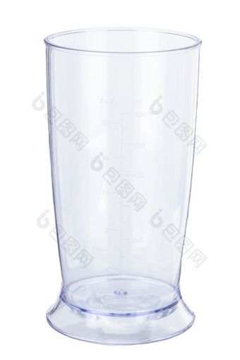 透明的附件杯为塑料孤立的电手搅拌机的白色背景透明的附件杯为手搅拌机的白色背景