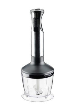 黑色的附件斩波器杯与电手搅拌机与不锈钢钢叶片孤立的的白色背景黑色的附件杯与手搅拌机的白色背景