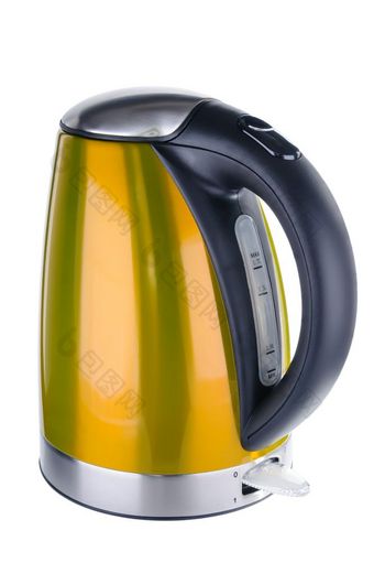 不锈钢钢画黄色的橙色颜色孤立的无线电水壶与黑色的塑料处理白色背景黄色的画不锈钢钢水壶白色背景