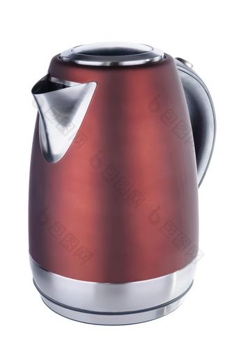 不锈钢钢画红色的马特颜色孤立的无线电水壶与黑色的塑料处理白色背景红色的马特不锈钢钢水壶白色背景