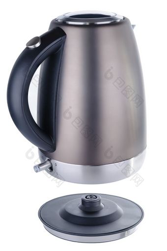 不锈钢钢画灰色马特颜色孤立的无线电水壶与黑色的塑料处理与单独的基地白色背景灰色马特画不锈钢钢水壶白色背景