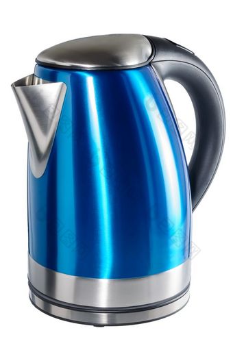 不锈钢钢画蓝色的颜色孤立的无线电水壶与黑色的塑料处理白色背景不锈钢钢水壶白色背景