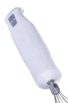 白色塑料孤立的电手搅拌机身体只有与灰色按钮的白色背景