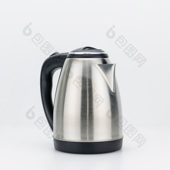 不锈钢钢无线电水壶与黑色的塑料处理白色背景不锈钢钢水壶的白色背景