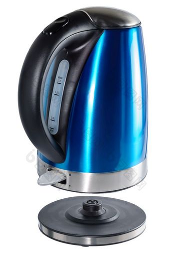 不锈钢钢画蓝色的颜色孤立的无线电水壶与黑色的塑料处理白色背景不锈钢钢水壶白色背景