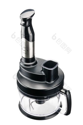 黑色的孤立的电手搅拌机与慢推按钮和多结合的白色背景黑色的手搅拌机与多结合的白色背景