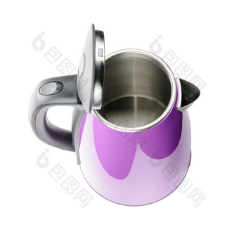 紫色的不锈钢钢孤立的无线电水壶与黑色的塑料处理白色背景紫色的孤立的不锈钢钢水壶的白色背景