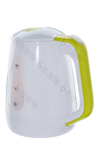 白色颜色塑料孤立的无线电水壶与绿色塑料元素白色背景白色塑料水壶白色背景