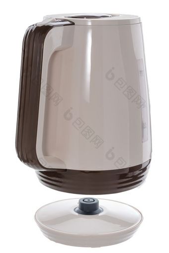 米色颜色塑料孤立的无线电水壶与棕色（的）塑料元素白色背景米色塑料水壶白色背景