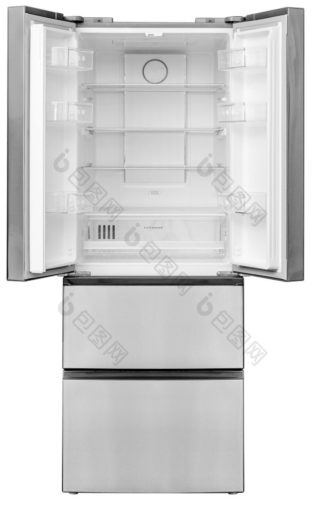 开放法国冰箱冰箱的白色背景开放冰箱冰箱的白色背景