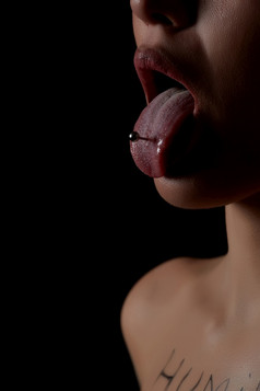女舌头与穿刺黑色的背景的女孩卡住了出她的穿舌头