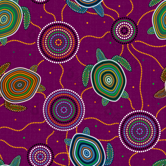 澳大利亚土著居民的艺术点画海海龟和水母无缝的模式紫色的背景澳大利亚土著居民的艺术海海龟和水母无缝的模式紫色的背景