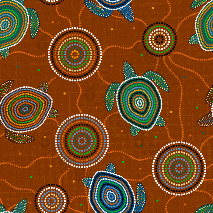 澳大利亚土著居民的艺术点画海海龟和水母无缝的模式背景棕色（的）澳大利亚土著居民的艺术海海龟和水母无缝的模式背景棕色（的）