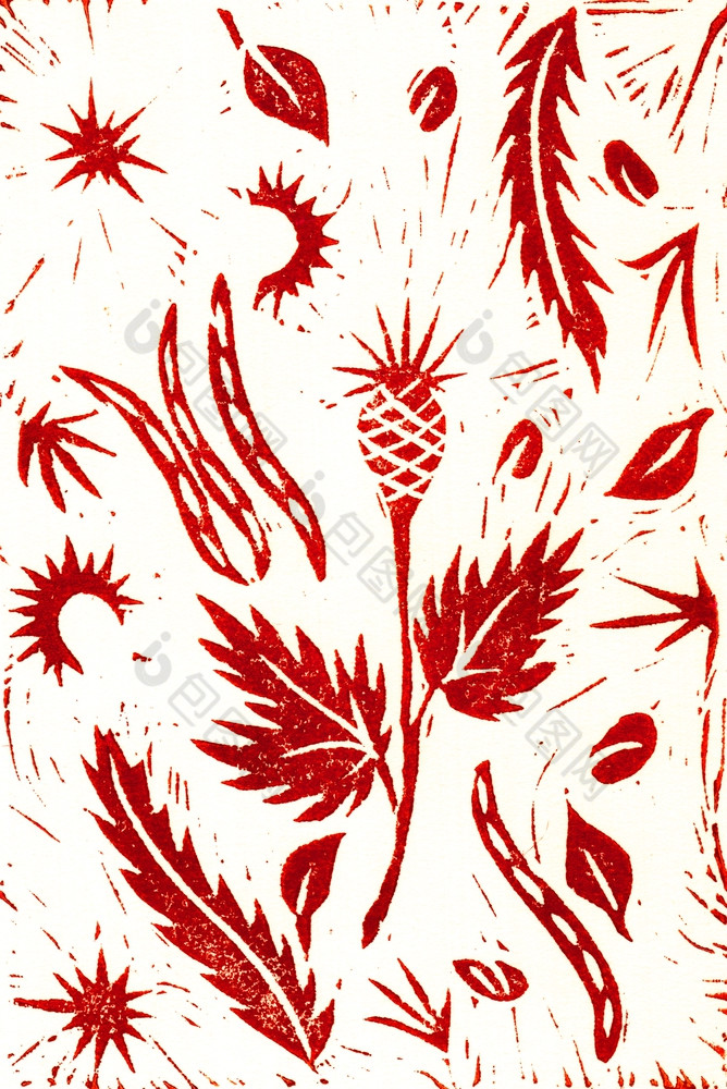 手画浮雕红色的秋天植物种子蒺藜叶子手画浮雕红色的秋天植物