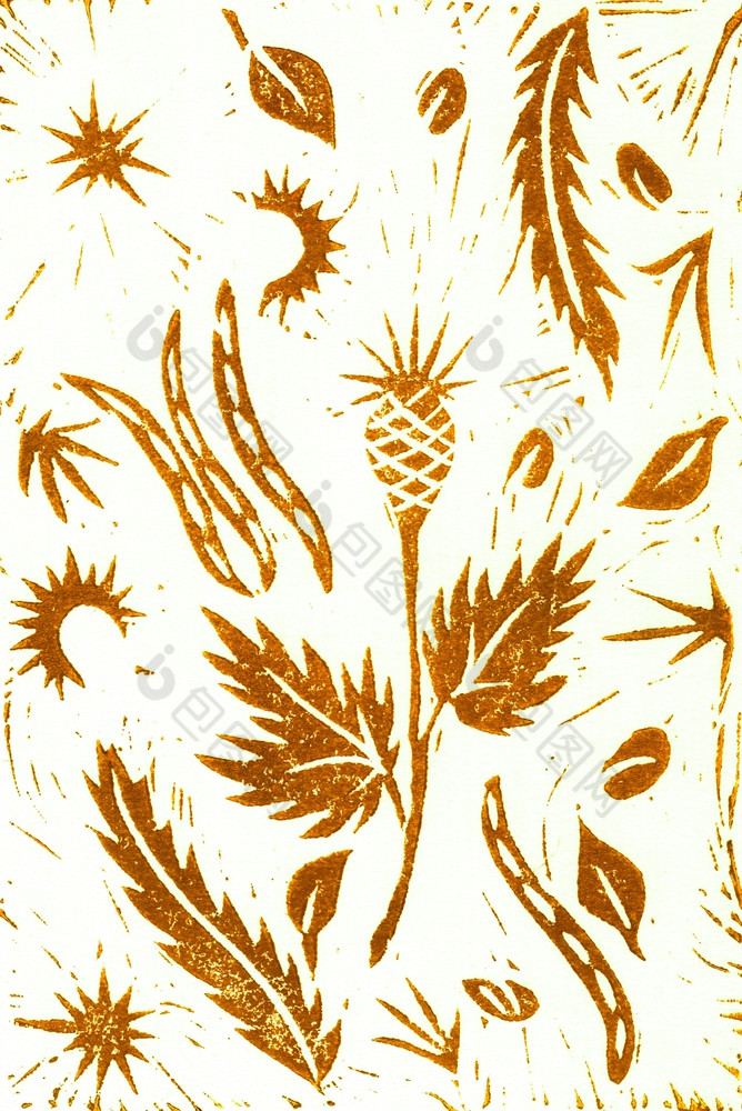 手画浮雕赭石秋天植物种子蒺藜叶子手画浮雕赭石秋天植物