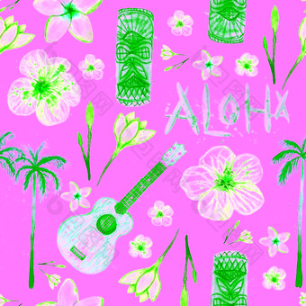 夏威夷simbols宴会上阿罗哈蒂基尤克里里琴plumeria芙蓉棕榈树无缝的模式水彩插图夏威夷simbols宴会上阿罗哈蒂基尤克里里琴plumeria芙蓉棕榈树无缝的模式