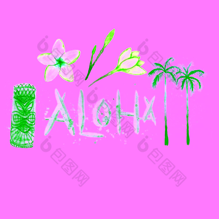 夏威夷simbols宴会上阿罗哈蒂基棕榈树plumeria水彩插图孤立的白色夏威夷simbols宴会上阿罗哈蒂基棕榈树plumeria水彩插图孤立的白色