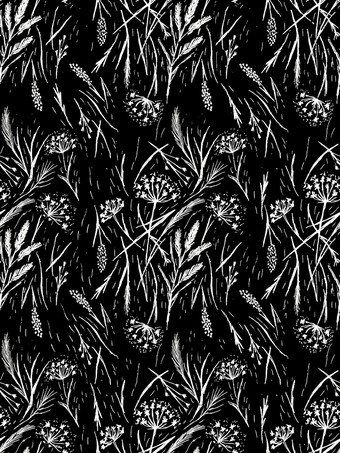 野生草无缝的模式草轮廓麦片植物手画草图插图黑色的背景野生草无缝的模式草轮廓麦片植物