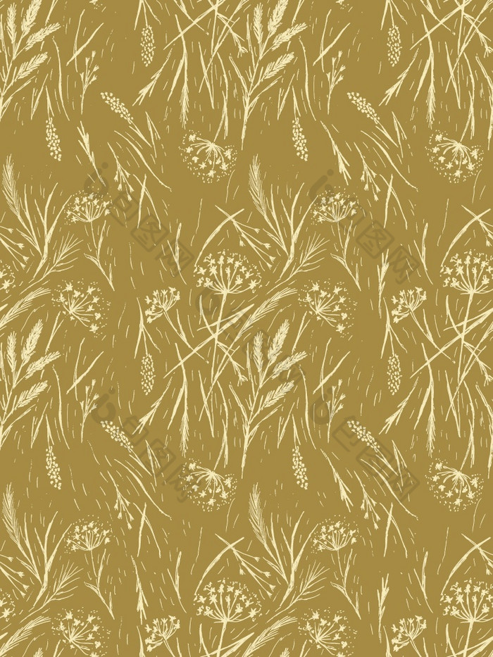 野生草无缝的模式草轮廓麦片植物手画草图插图卡其色背景野生草无缝的模式草轮廓麦片植物