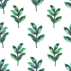 无缝的模式与水彩画植物绿色花插图无缝的设计与绿色水彩植物白色背景