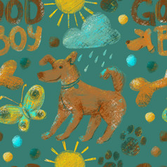 幼稚的手画表面设计与宠物天场景无缝的模式的狗生活主题与狗狗战俘骨头蝴蝶云太阳和点