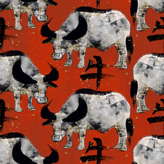 时尚设计为纺织壁纸包装网络背景和其他模式填满一年的艺术无缝的模式与牛动物和象形文字
