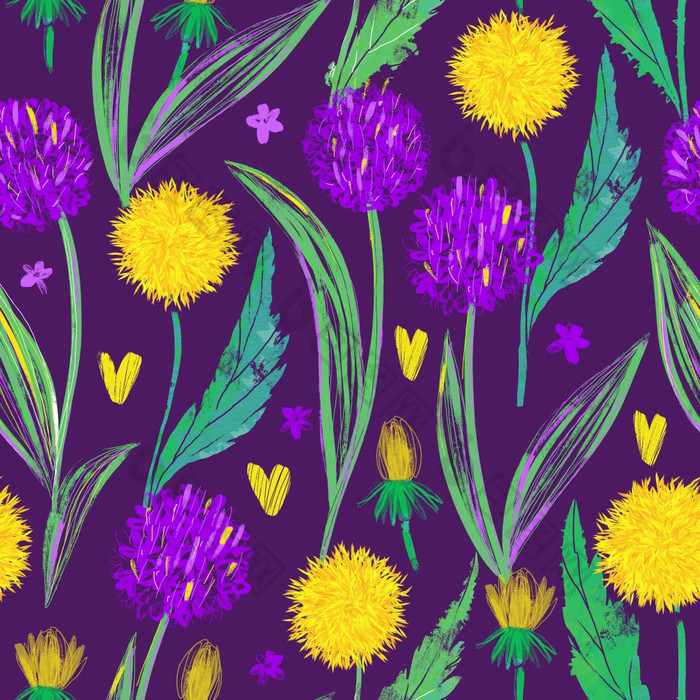 花设计为纺织打印壁纸包装网络背景和其他模式填满无缝的模式与明亮的蒲公英和野生洋葱黑暗紫色的背景