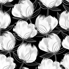 花设计为纺织打印壁纸包装网络背景和其他模式填满黑色的和白色无缝的模式设计与棉花花