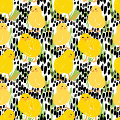 为纺织壁纸包装网络背景和其他模式填满无缝的模式与可爱的黄色的鸡黑色的和白色背景