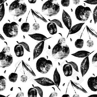 为纺织壁纸包装网络背景和其他模式填满无缝的模式与水果难看的东西风格苹果樱桃李子梨