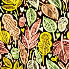 为纺织壁纸包装网络背景和其他模式填满无缝的模式与各种秋天叶子黑暗背景发光的树叶