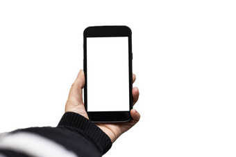 手持有黑色的智能手机与空白屏幕为文本孤立的手持有黑色的智能手机与空白屏幕为文本